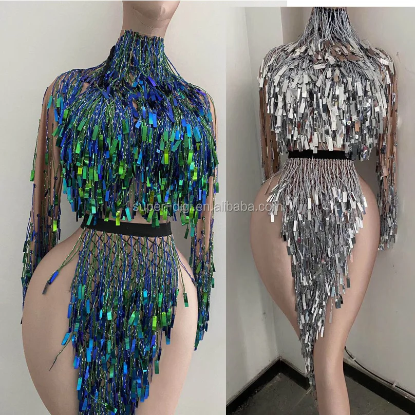 Flashing Silver Sequins Fringe Dress Women Dancer Costumes Nightclub DS Show Outfit Birthday Celebrity Dresses Stage Wear