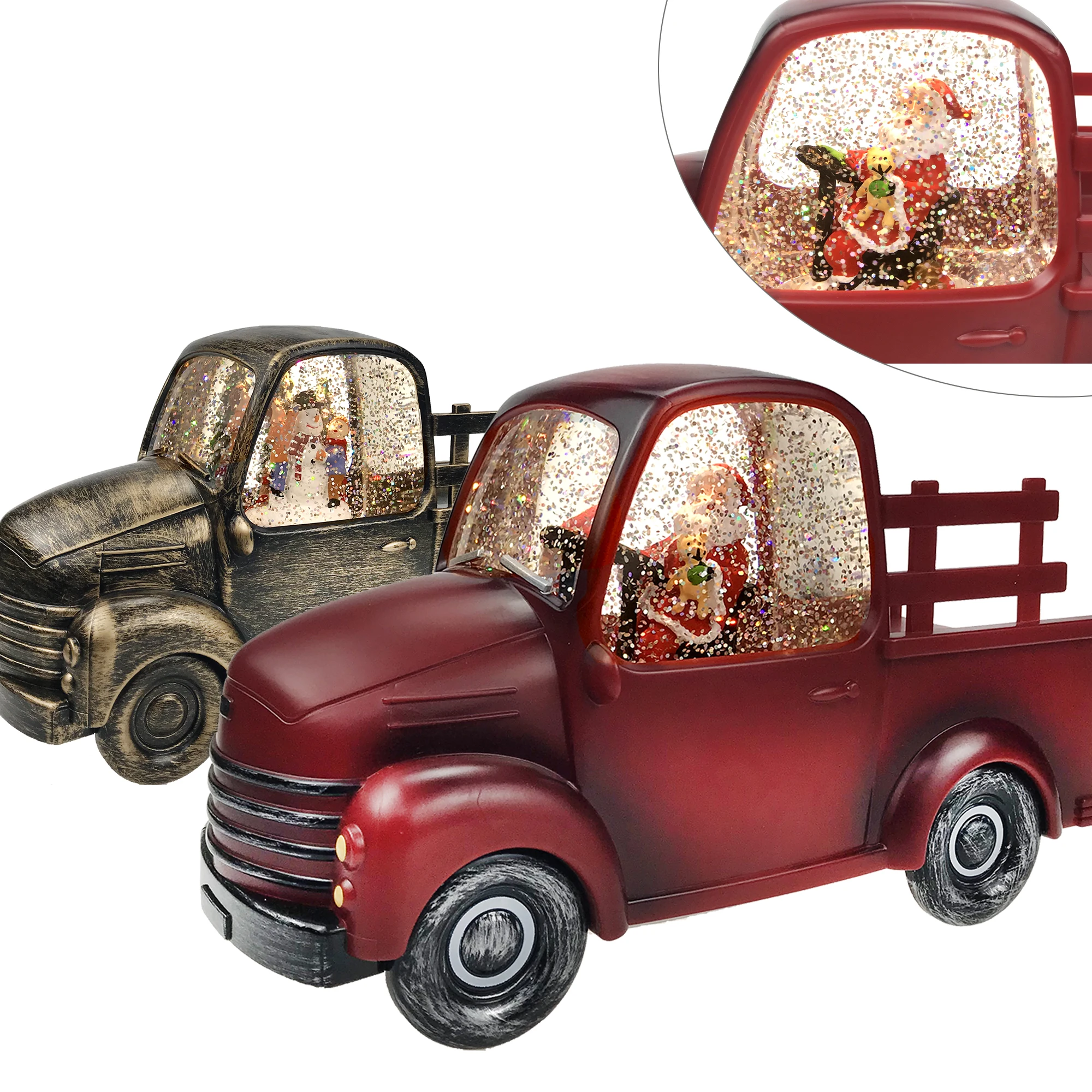 Рождественские товары, украшение из смолы с подсветкой, красный грузовик Санты, светодиодный светильник с водяным блеском, крутящаяся декорация со снежным шаром