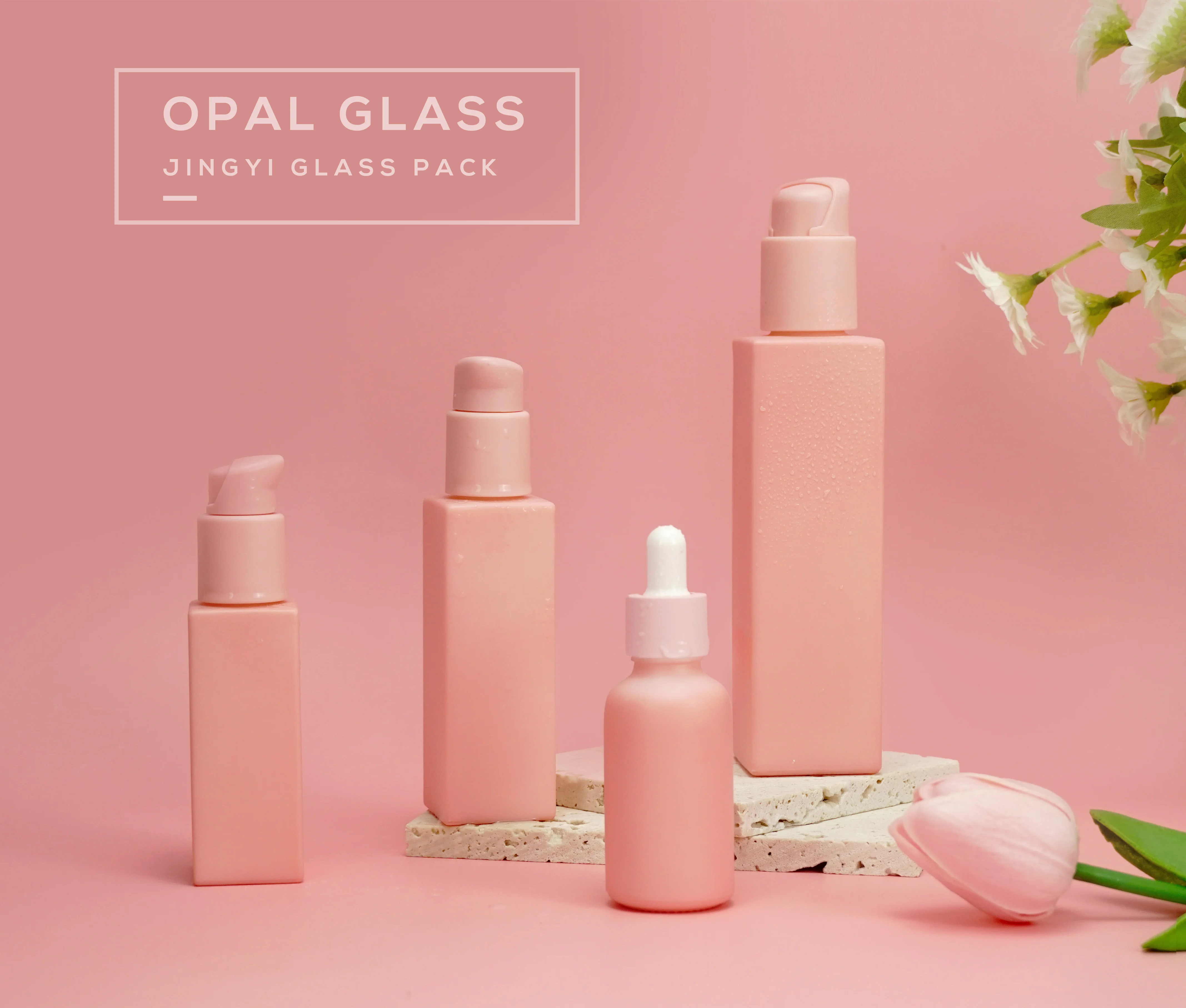 White opal square glass lotion bottle with pump or screw cap for skincare cosmetic packaging