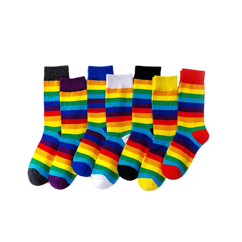 Spring fancy rainbow stripe pride women crew slouch socks young ladies girls couple ankle cotton socks