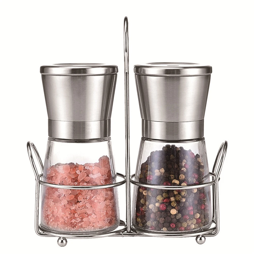 glass bottle salt and pepper mill grinder set with stainless steel cover and metal stand