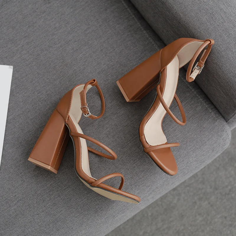 CSS404 chunky heel brown leather sandals for women