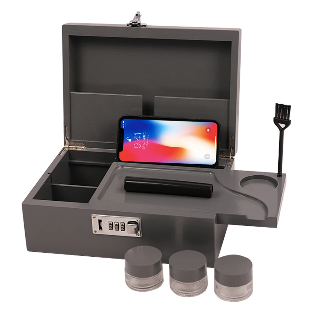 Customized logo Smell proof Smoking Stash Box Herbal Supplies Set with Removable Divider Wooden Stash Box