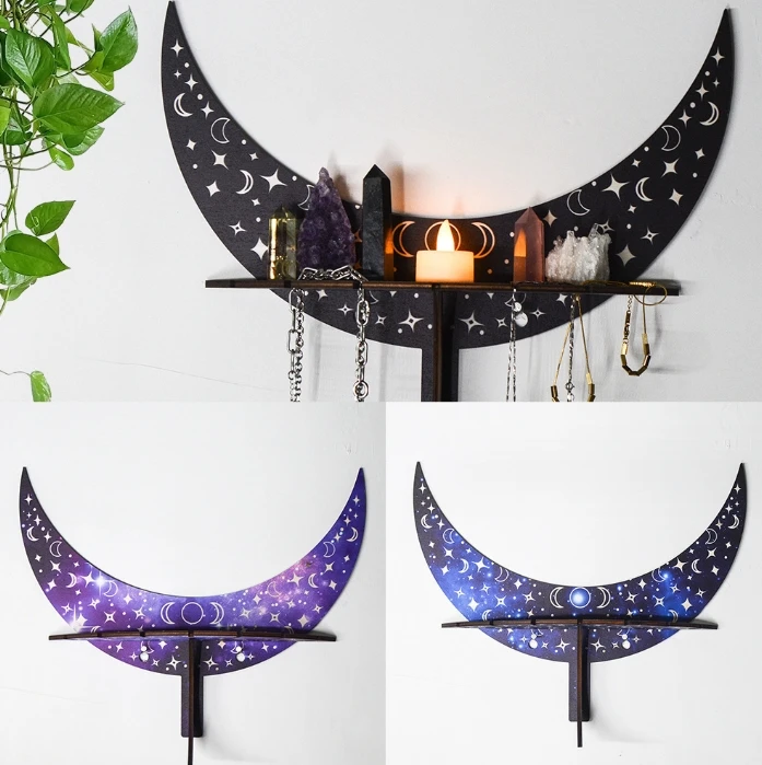 Wooden Moon Shape wall rack Storage Ramadan Wall Mount 3d Home Decor Jewelry Display Necklace holder for eid decoration