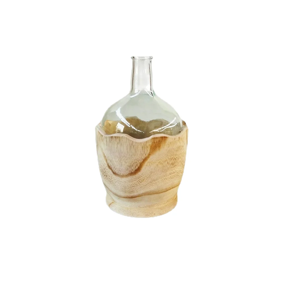 2023 Hot Style Garden Pots RPZW00007 Paulownia Wood Flower Pots With Glass Bottle With Big Discount