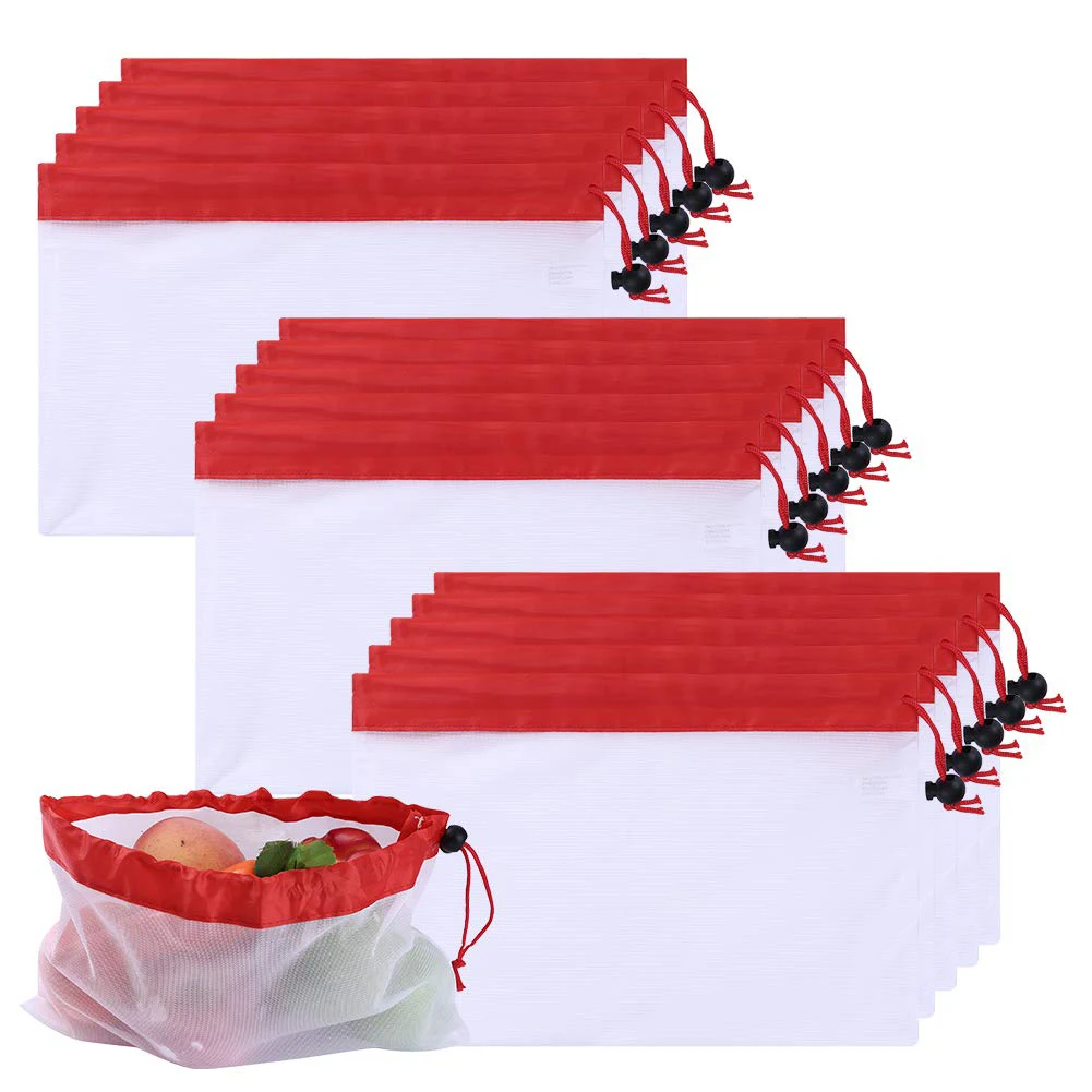 See Through Lightweight Washable Eco-friendly Reusable Mesh Produce Bags Heavy Duty Nylon Shopping Bags with String