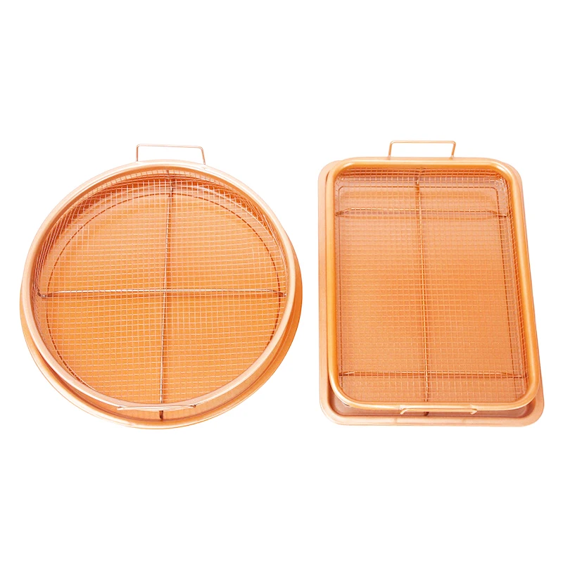 2 Pcs Round Copper Crisper Tray Basket, Air Fryer Crisping Basket, Chip Fryer Basket And Cookie Baking Tray