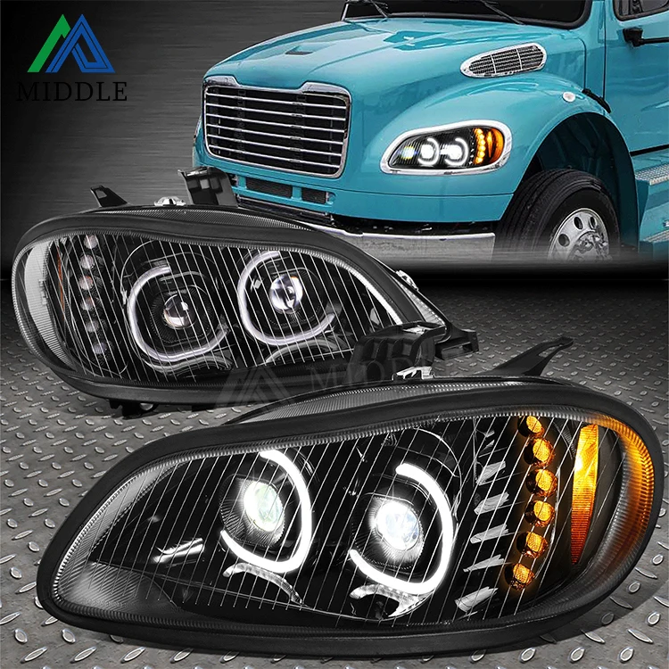 2021 MIDDLE PARTS DUAL HALO PROJECTOR BLACK STYLE HEADLIGHT FOR 2003-2019 FREIGHTLINER M2 106 112