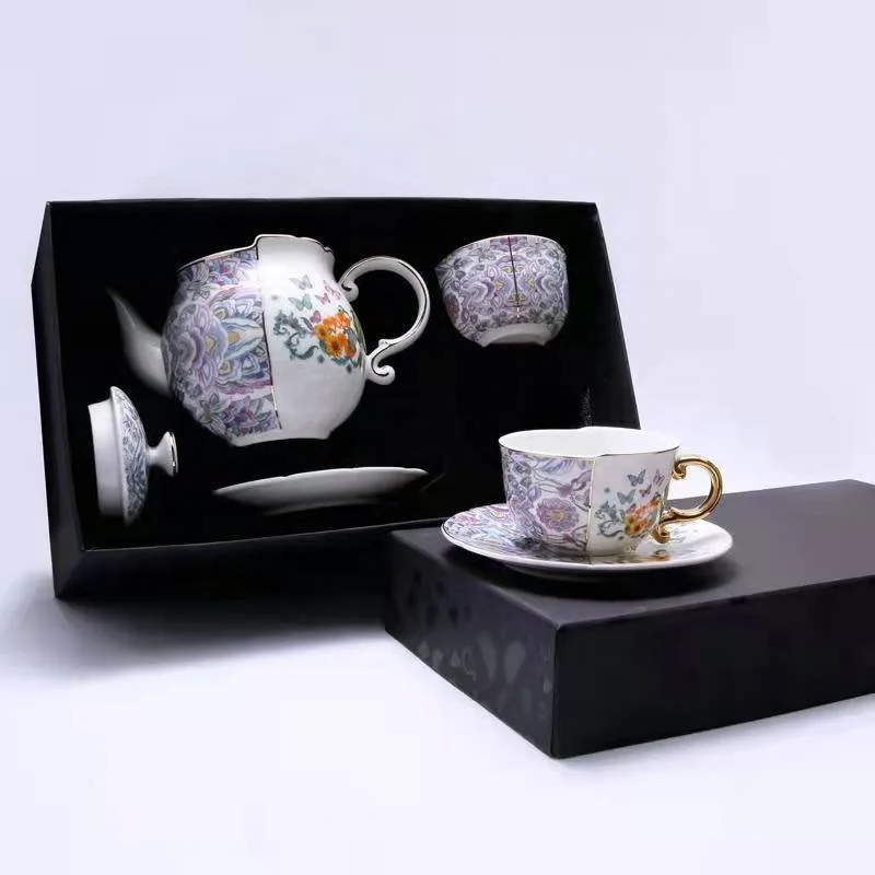 Unique Irregular Coffee & Tea Sets Ceramic Kettle Afternoon Tea Cup Gift Box Set of 2 Cups and Saucer With Teapot