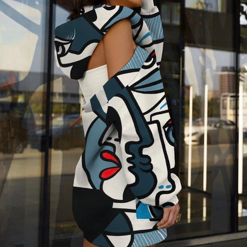 Осенне-зимний новый женский топ с принтом средней и длинной прострочкой свитер с открытыми плечами и капюшоном с длинными рукавами