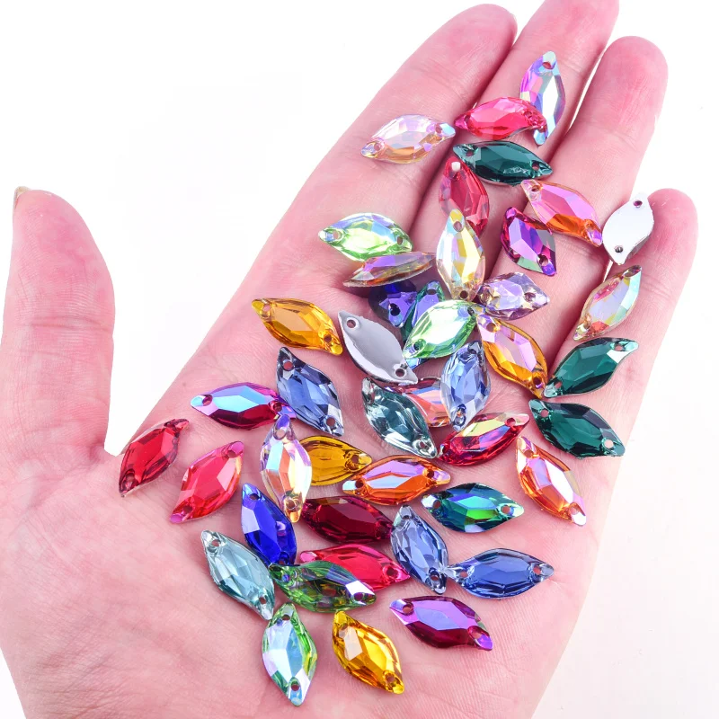 BOBOHOO Rhinestones Wholesale 9*20mm Leaf Shape High Quality Fancy Resin Sew On Rhinestones For Wedding dresses