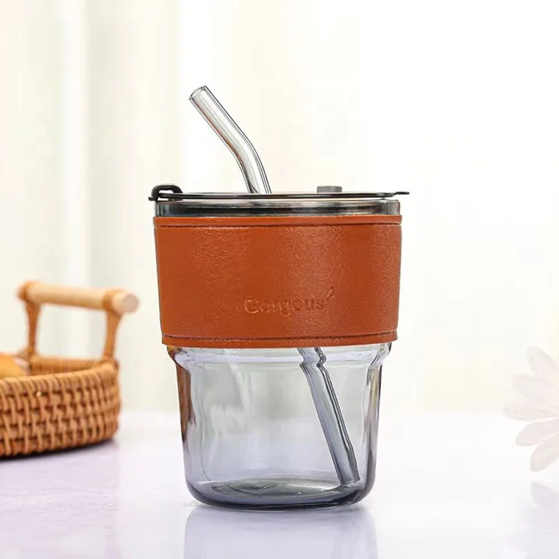 Coffee Mug Sleeve Case Customized PU Heat Insulation Clear Glass Cup Glass Water Bottle Cup Leather Wrapped with Straw