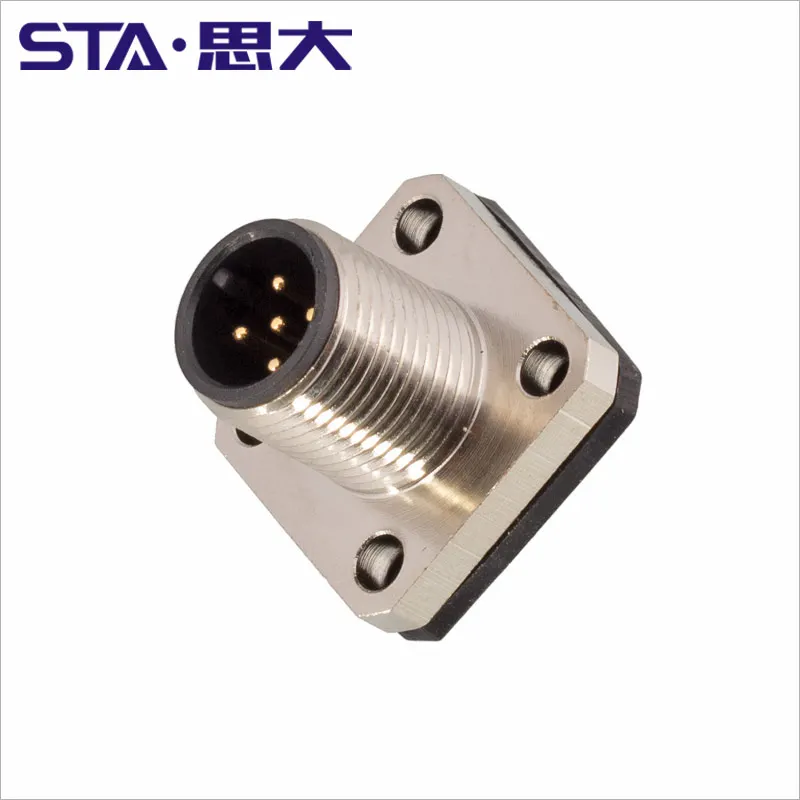 M12 signal power connector sensor socket 4 5 6 8 core 12 17pin back rear mounting solder male Square flange M12 panel connector