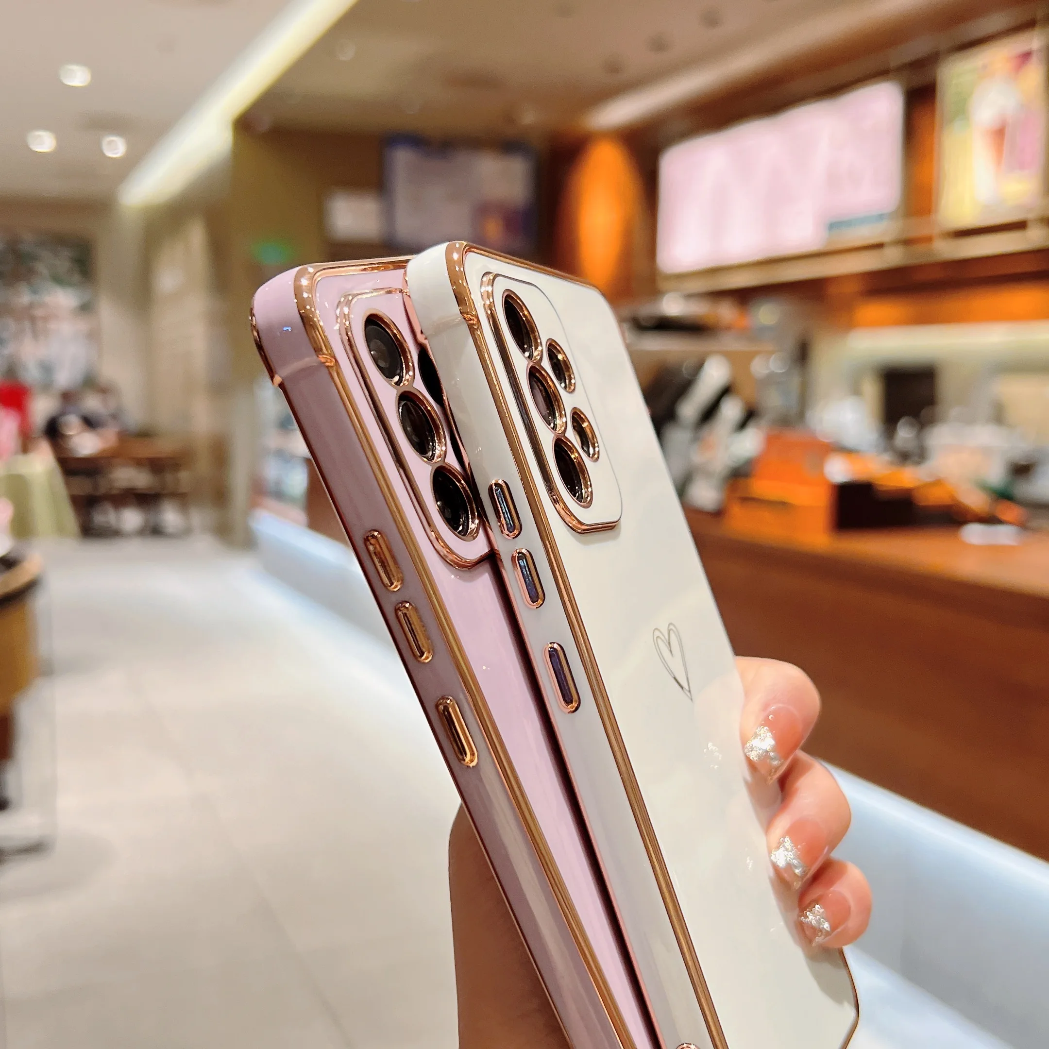 Plating Cute Love Heart Phone Case for Samsung Galaxy A12 A13 A52 A53 5G M12 F12 Airbag Shockproof Cover