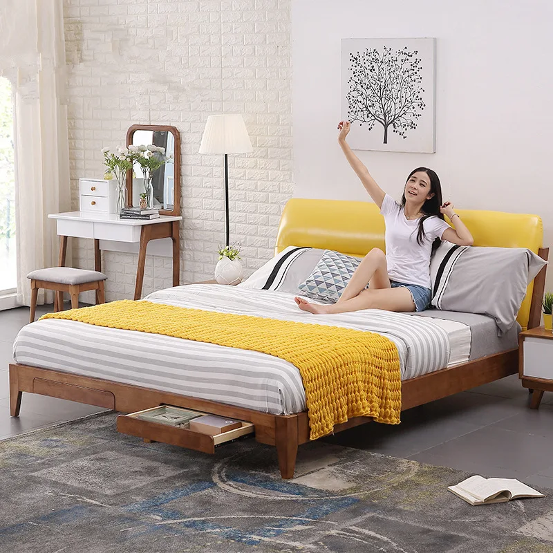 Nordic Wind Full Solid Wood /1.8m Small Household White Oak / High Box Storage Bed Princess Bed Bedroom Furniture BED