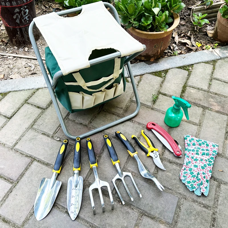 removable portable chair folding outdoor garden chairs with storage bag garden tools bag  hoe shovel rake hand saw shear pruning