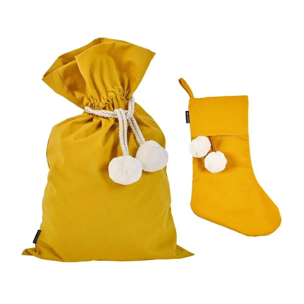 Christmas Decorations Canvas Drawstring Santa Sack with Pom Pom