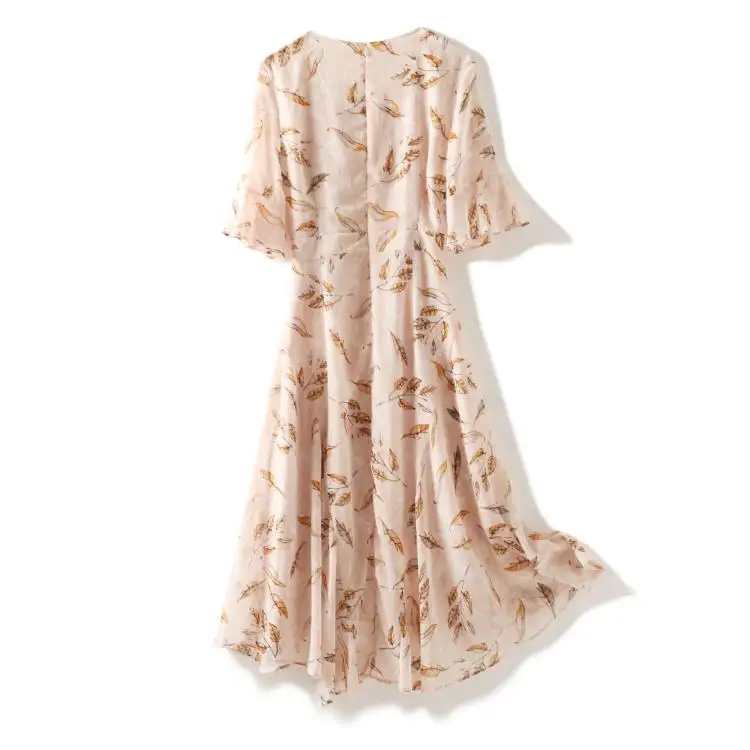 Elegant V-neck Women High Waist Floral Print Female Long Loose Lady Summer Short Sleeve Wrap Casual Dress