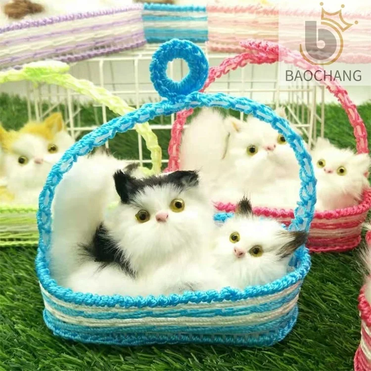 High quality plush animal plush cat in plastic Basket  with sound for  holiday Gifts Home Decoration