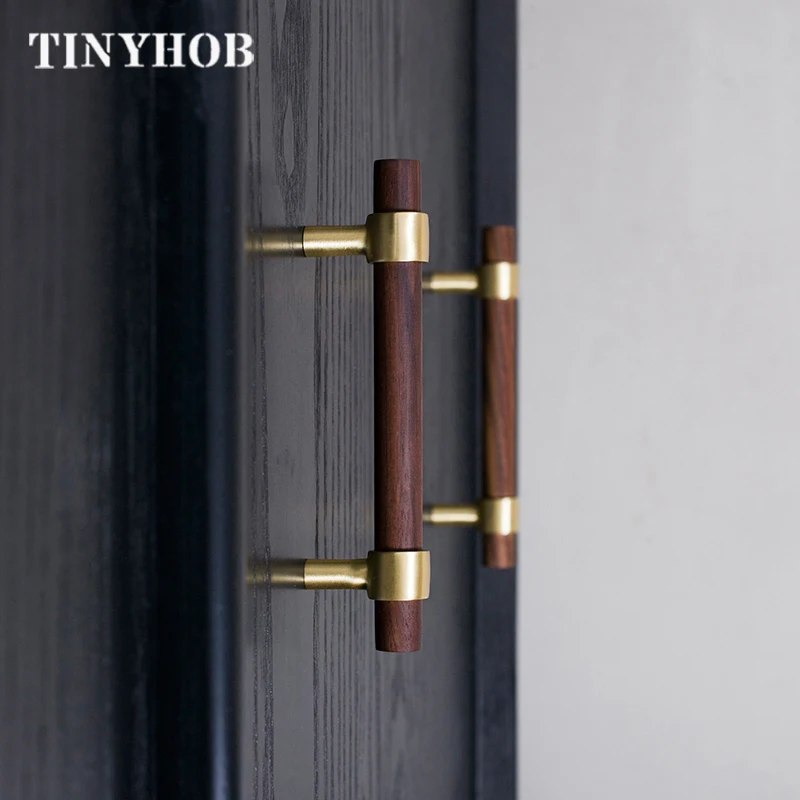 Walnut Elm T Bar Knob Furniture Cabinet Wardrobe Door Handle and Knob C-2037 Arrival Brass New Modern Brass+walnut