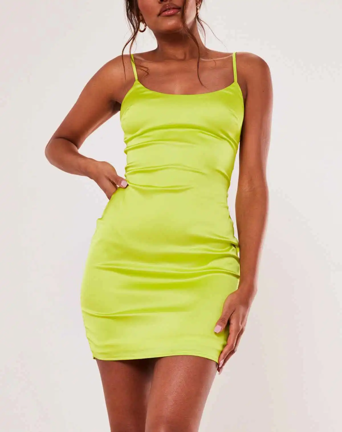 
custom summer women sexy neon green slip stretch satin bodycon mini dress 