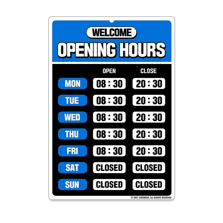 Business Hours Sign (Blue) Open Closed Sign Hours of Operation Signs for Business Store or Office Hours Changeable
