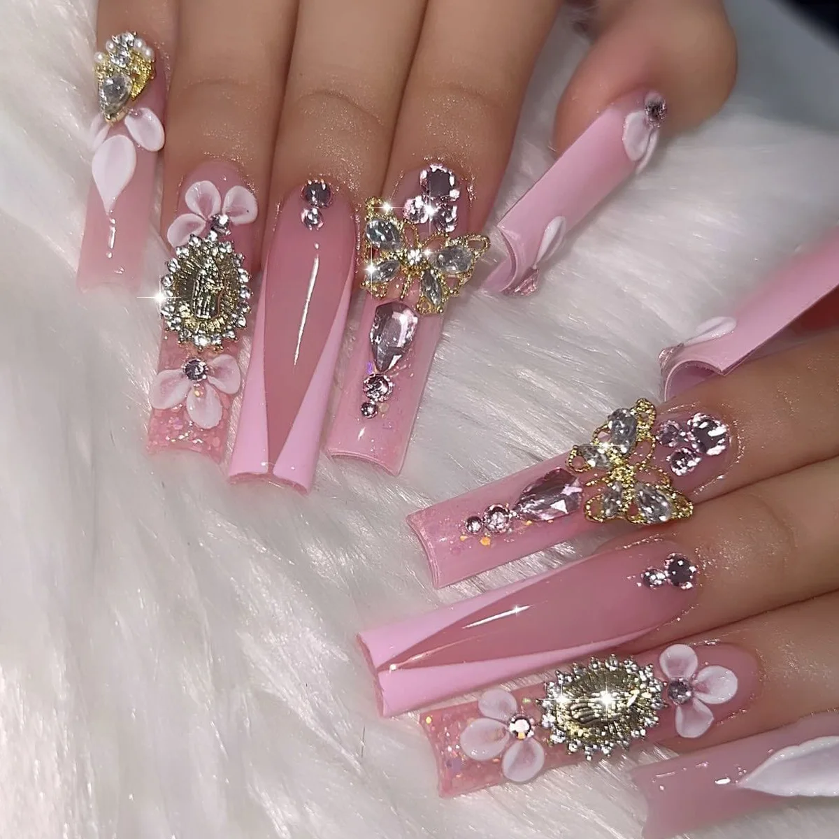 Wholesale Reusable False Nails 3D Flash Diamond Flowers Pink French Gold Butterfly Euro-American Super Long Pressed On Nails