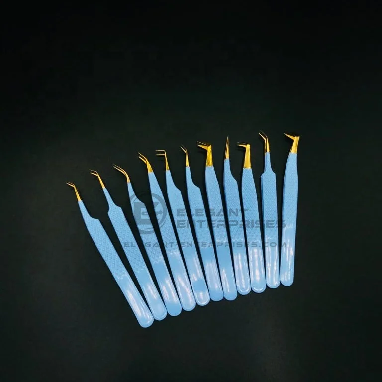 Wholesale Light Blue with Golden Tips Diamond Grip Sustainable Eyelash Extension Tweezers Japanese Stainless Steel Custom Logo