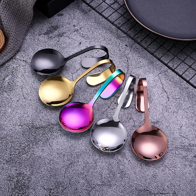 Custom Logo Restaurant Buffet Serving Spoons Stainless Steel Curved Handle Big Spoon Gold Serving Spoon for Dessert Salad