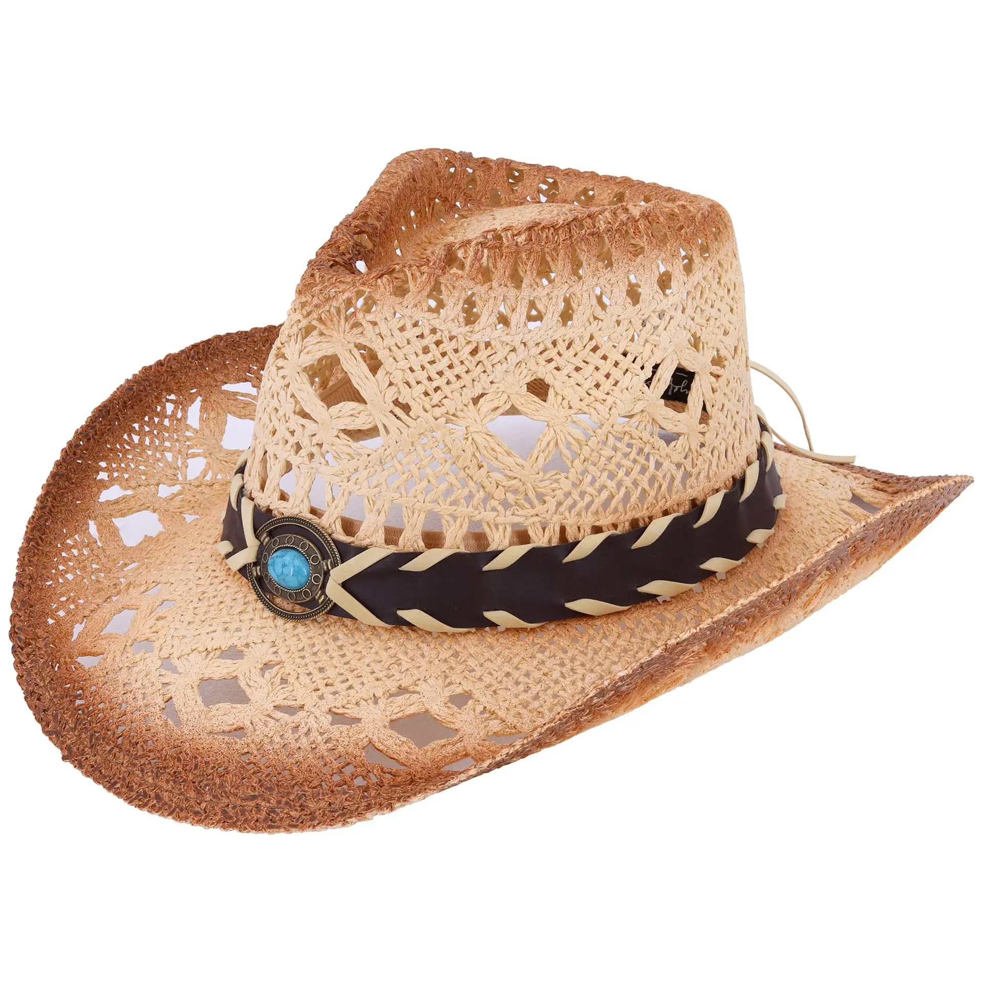 Fashion Hollowed Handmade Cowboy Straw Hat Fedora Women Men Summer Outdoor Travel Beach Sun Hats Unisex Western Sunshade Cap