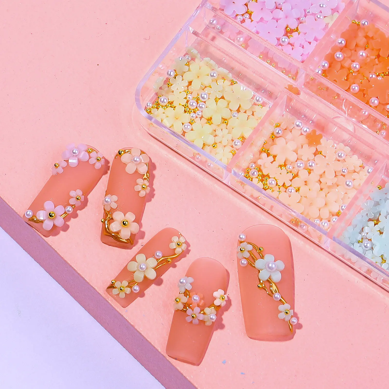 Mixed Gold Steel Bead Mini Resin 3d Acrylic Flowers Nail Art Decoration Charm For Nails