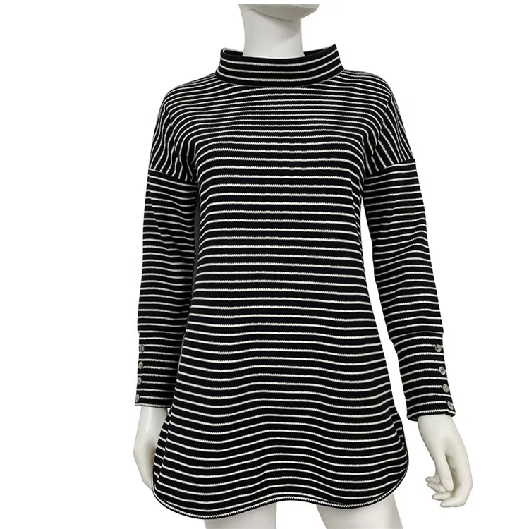 Cheap Wholesale Women clothing Turtle Roll Cowl Neck Knit Stripes Tunic Top Pullover Blouse