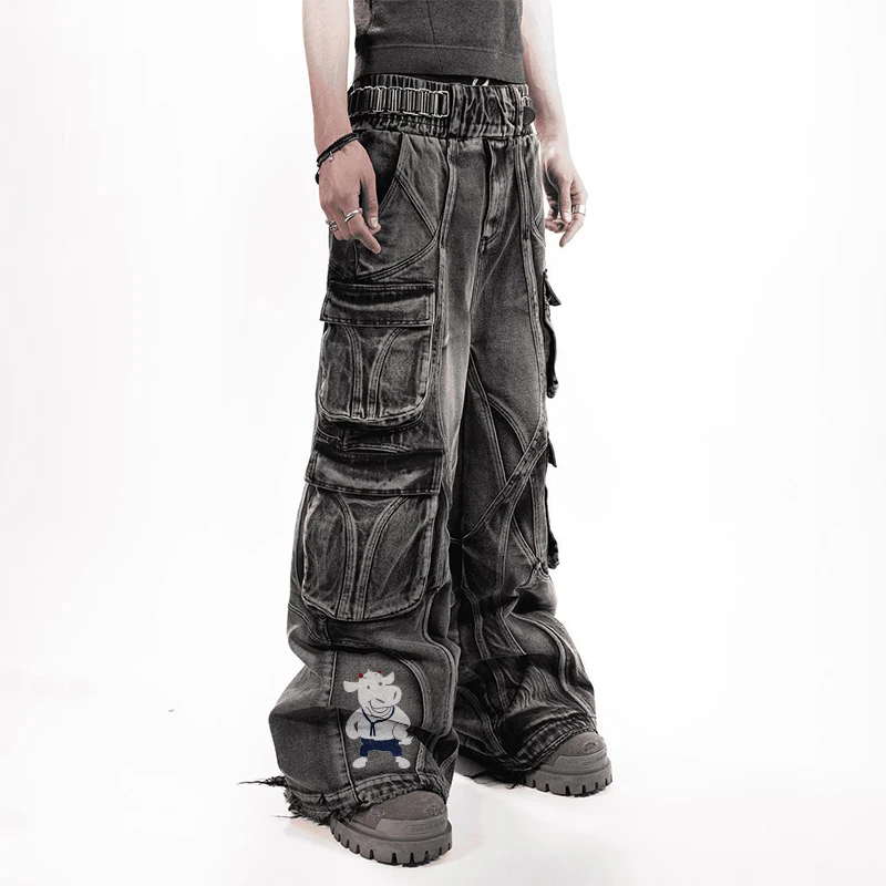 Fashionable Customized street clothes multi pocket  jeans for men  Denim     Straight  wrinkles pants  Loose long Wide Leg Jeans