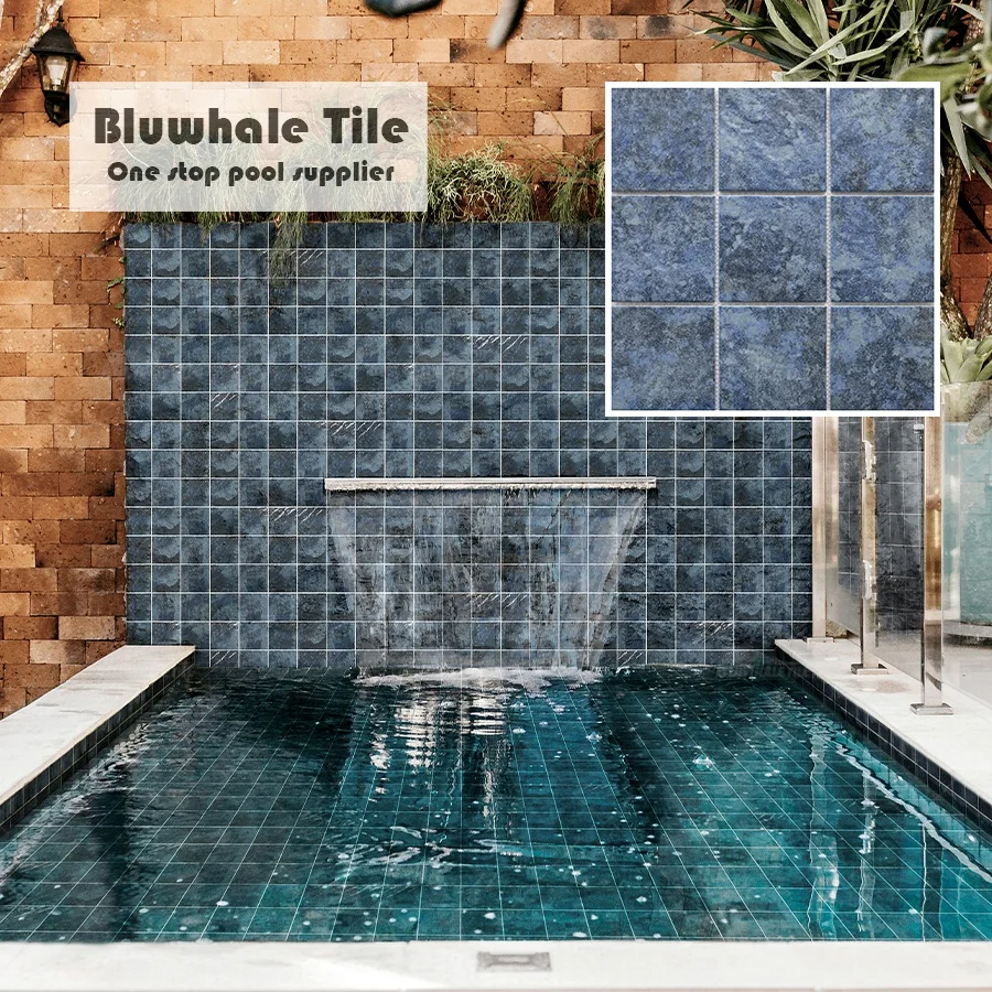 Bluwhale Tile Wholesale Outdoor Matte Finish Porcelain Ink Jet 97x97mm Square Ceramic Mosaic Blue Swimming Pool Tile For Sale