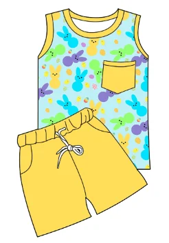 cute yellow rabbit print girls dress shorts summer kids bamboo clothing sets