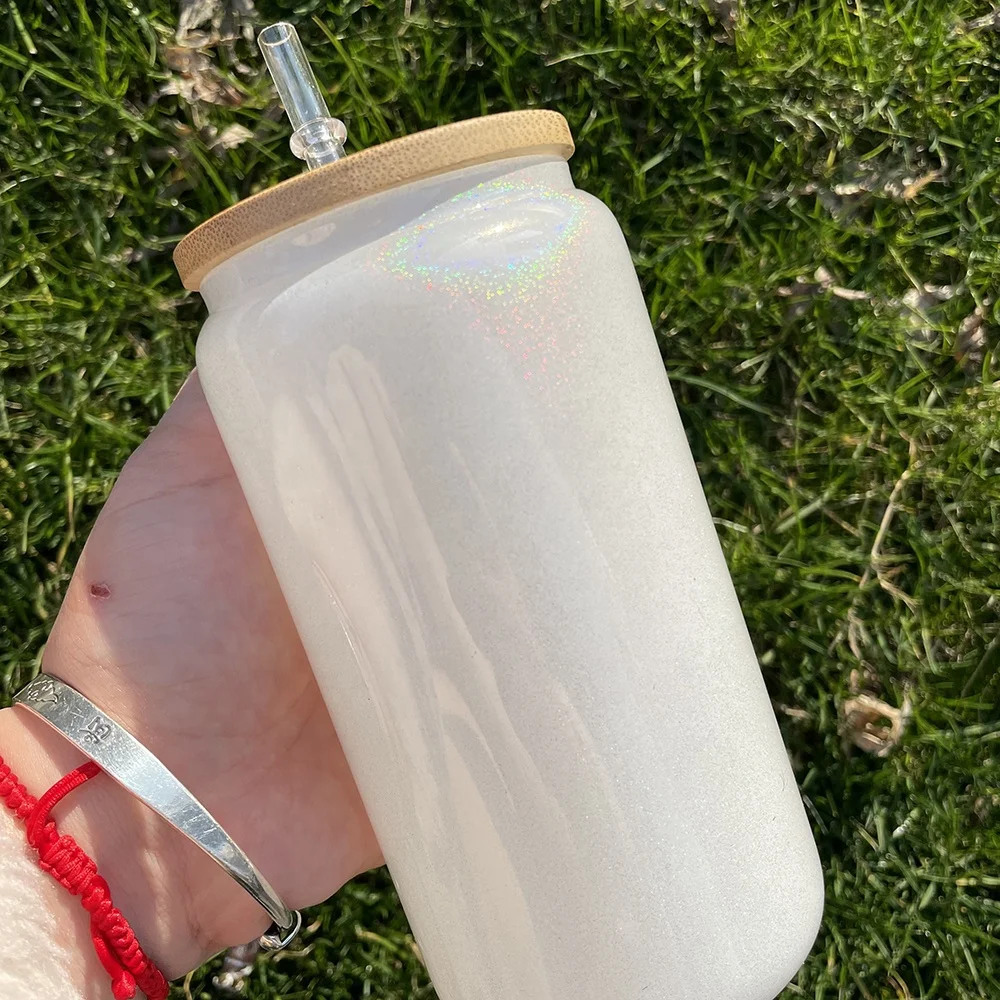 Wholesale Bulk USA warehouse 20oz shimmer glitter glass can Sparkle shiny Sublimation shimmer beer glass can with bamboo lids