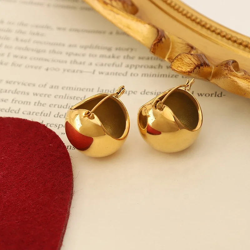 18K Gold Plated Round Ball Hoop Earrings Stainless Steel Fashion Jewelry