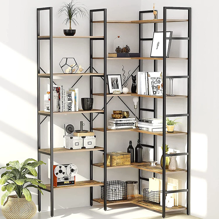 Industrial Corner Shelf Stand Bookcase L Shape Large Book Shelves Living Room Wood Storage Corner Cabinet Bookshelf
