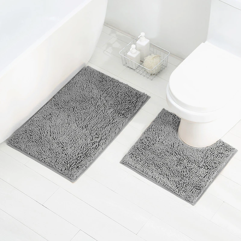 SHENGDE Custom Size Bathroom Shaggy Solid Color Microfiber Rug Set 3pc Non Slip Tpr Shiny Chenille Bath Mat