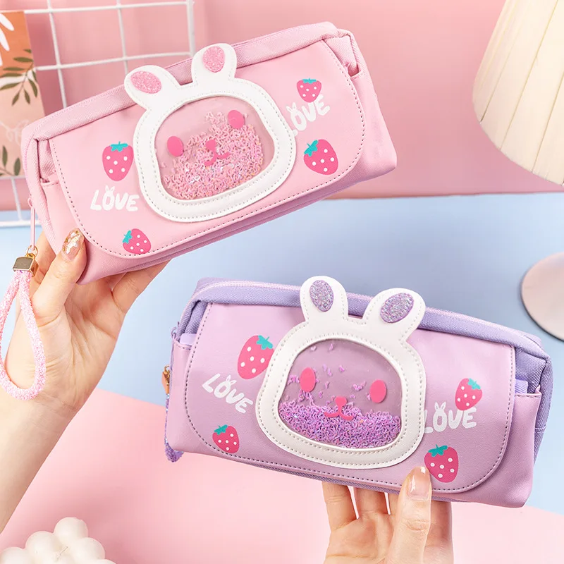 Pencil case Korean edition canvas stationery Kitty wholesale stationery bag creative three double pen bag schoolgirl