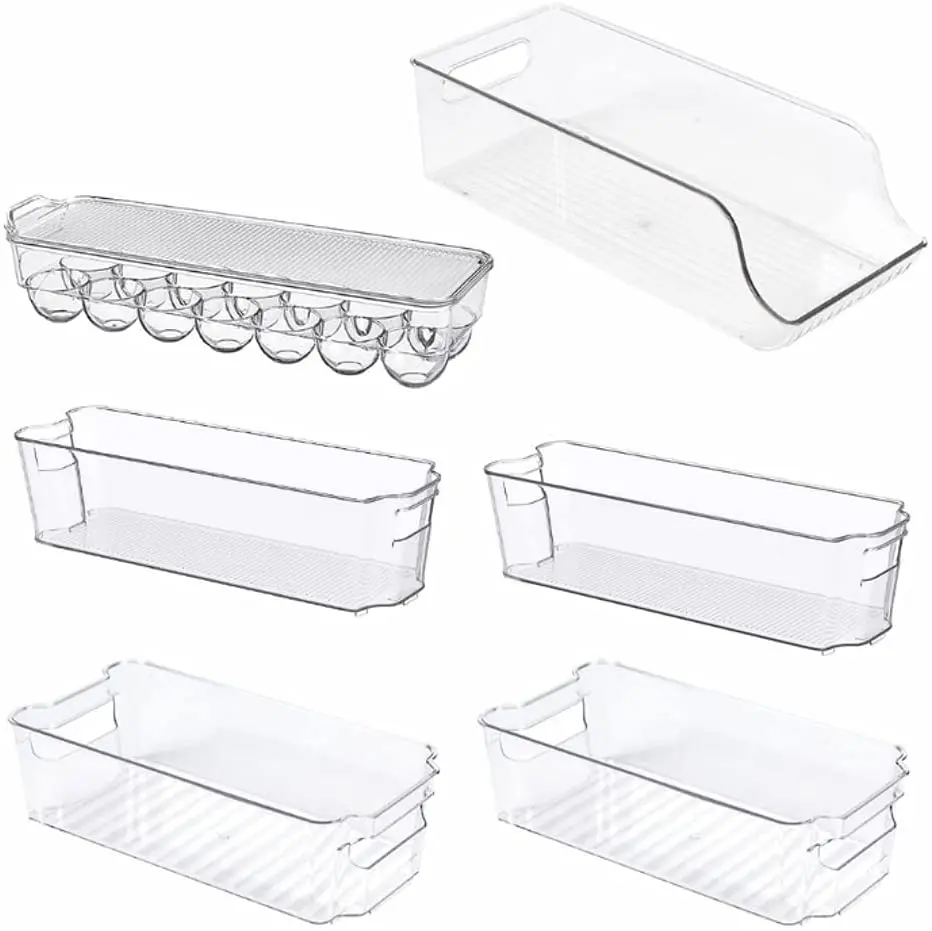Set Of 6 Refrigerator Bins - Stackable Fridge Organizers for Freezer, Kitchen,  Clear Plastic Pantry Storage