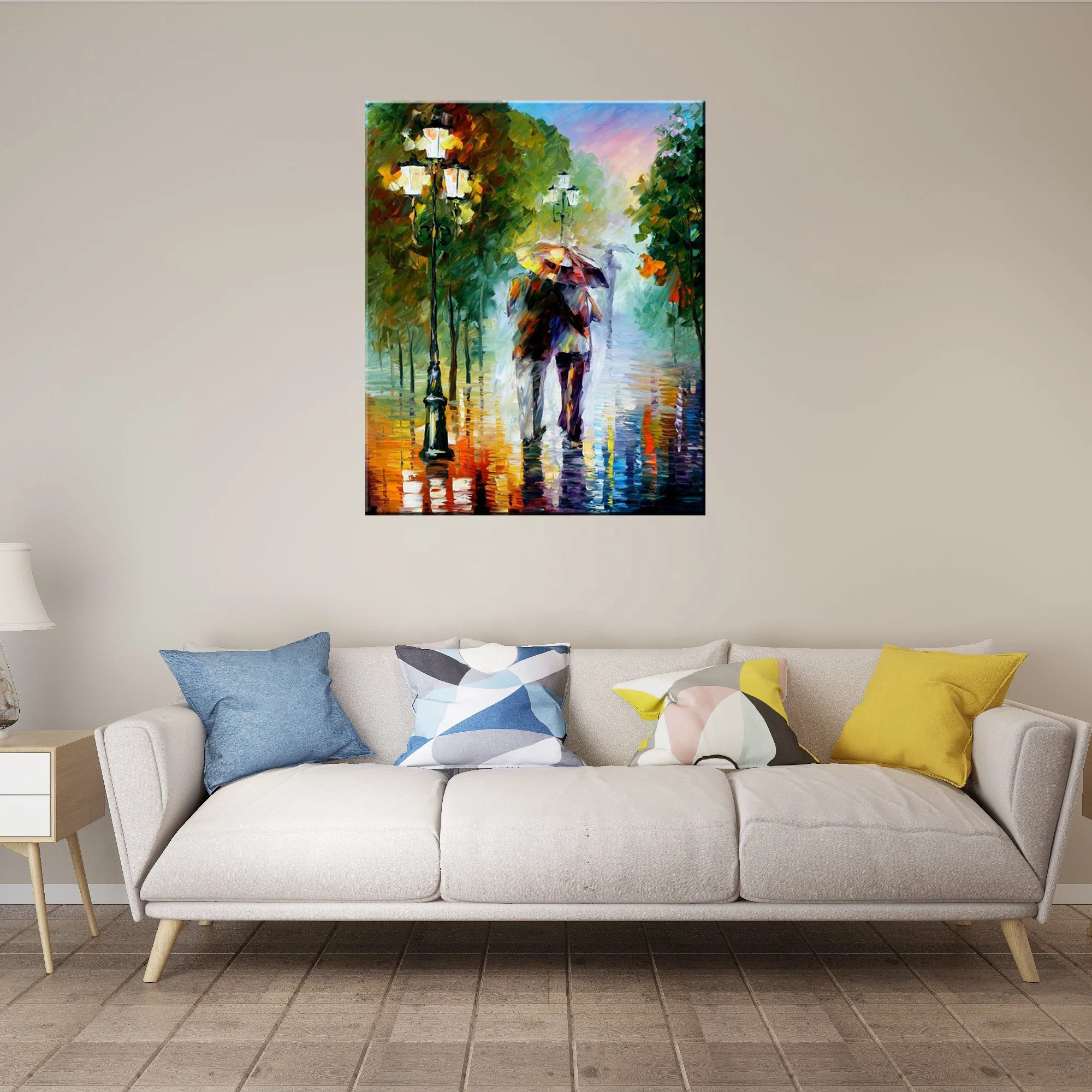 Wall Art Handmade Texture Oil Painting Rain Love Couple In Street Canvas Painting Home Decor
