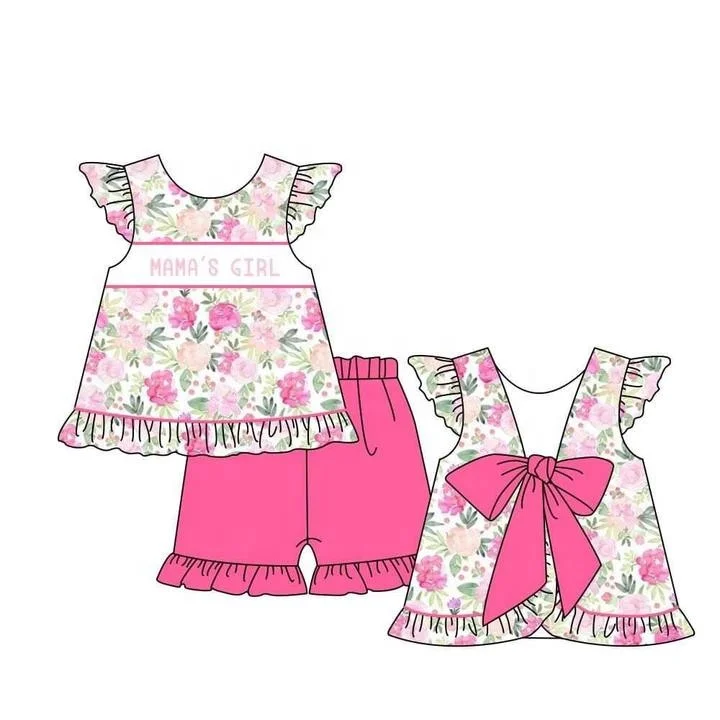 Customization summer clothing sets girls floral bow dress with pink short pants summer fashion baby girls pink outfits