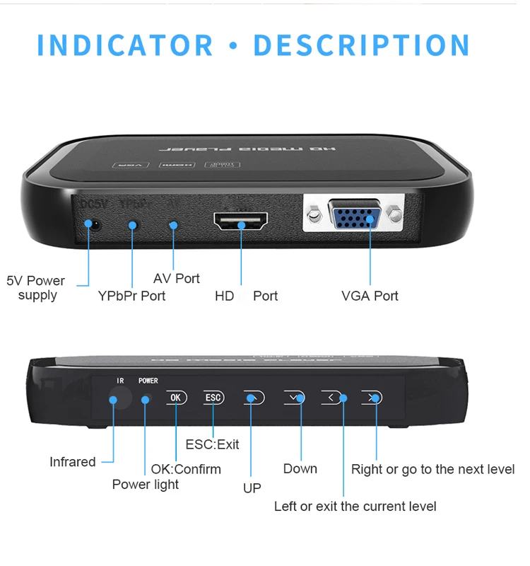 Full HD1080p H.264 MKV HDD медиаплеер с HD/AV/VGA/USB/SD/MMC с пультом дистанционного управления