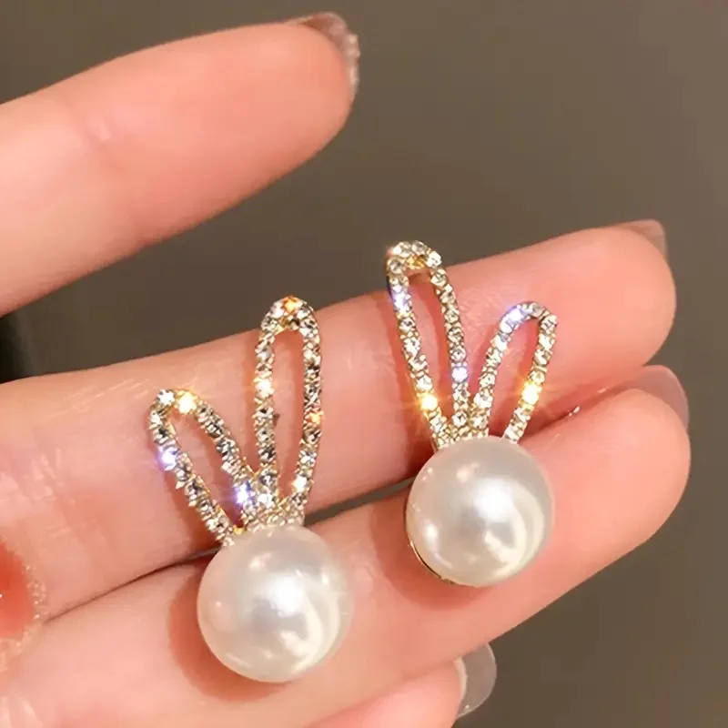 Adorable Rabbit Design Stud Earrings With Faux Pearl Elegant Jewelry Accessories