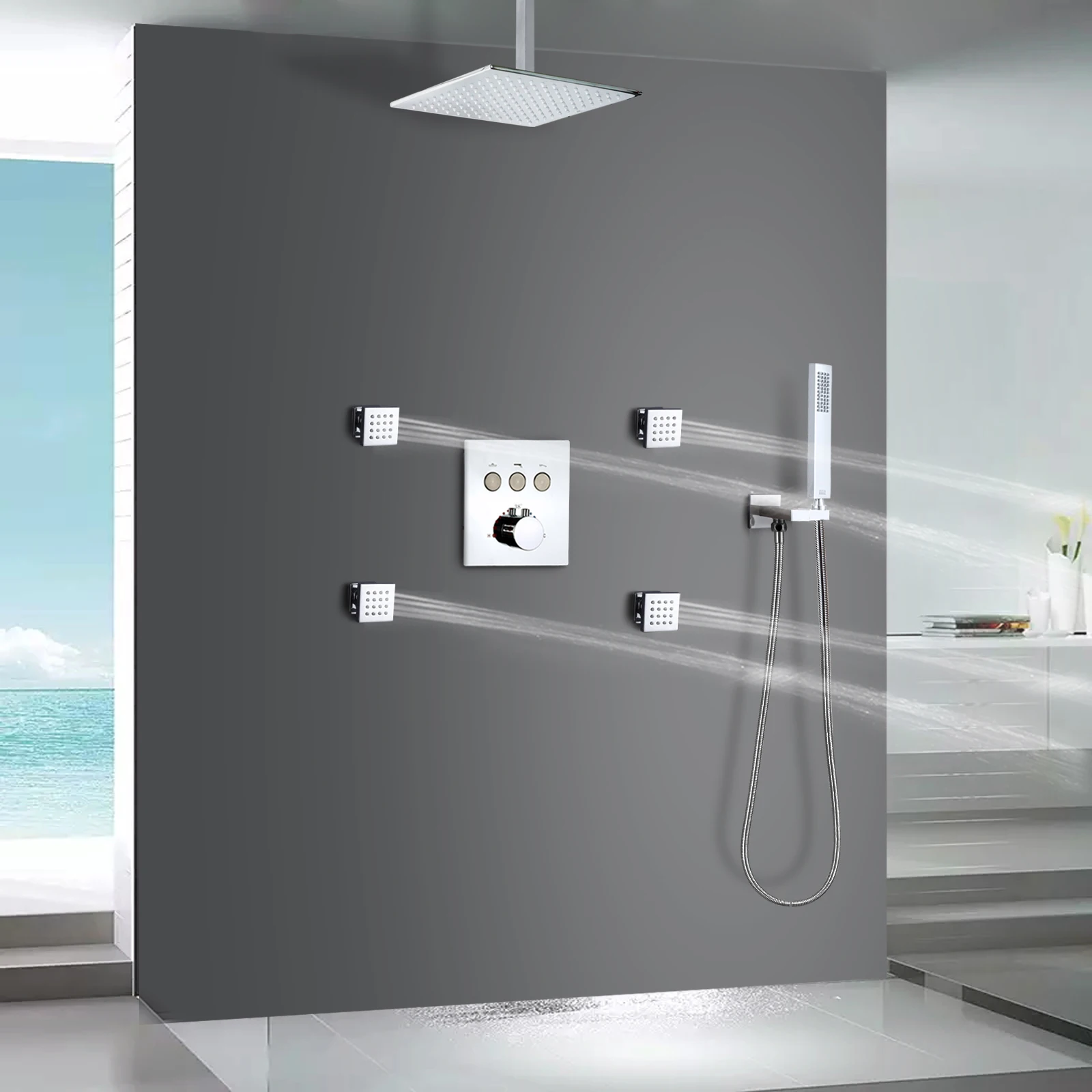 CUPC Ceiling LED Shower Set 10inches Bathroom SPA Rainfall Shower Head System Thermostatic Push Button Panel Mixer Faucets
