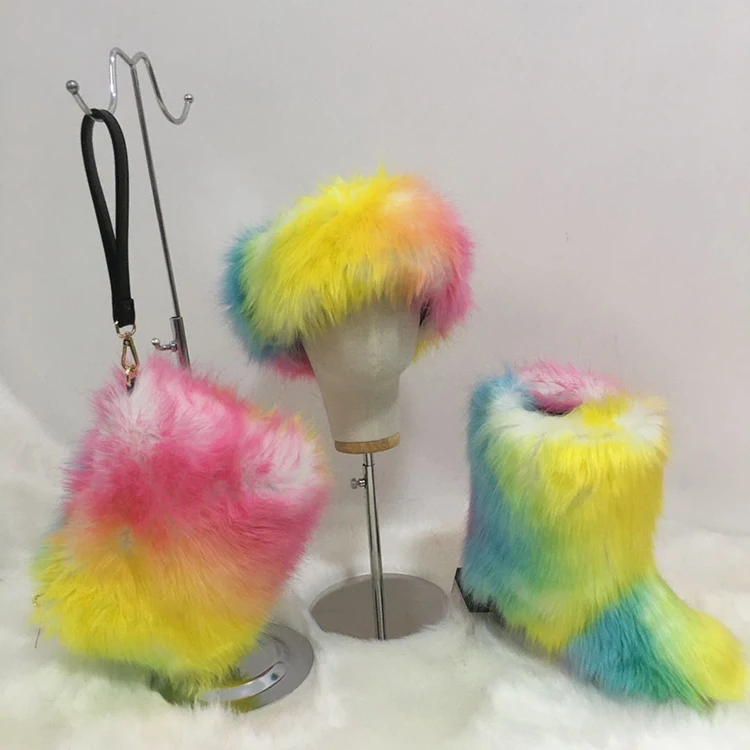 
Wholesale outside snow warm fashion girls kids fur coats purse and boots sets 