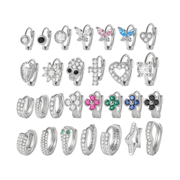 YICAI New Stainless Steel White CZ Skull Flower Diamond Huggie Hoop Earrings For Women Butterfly Zircon CZ Cartilage Piercing