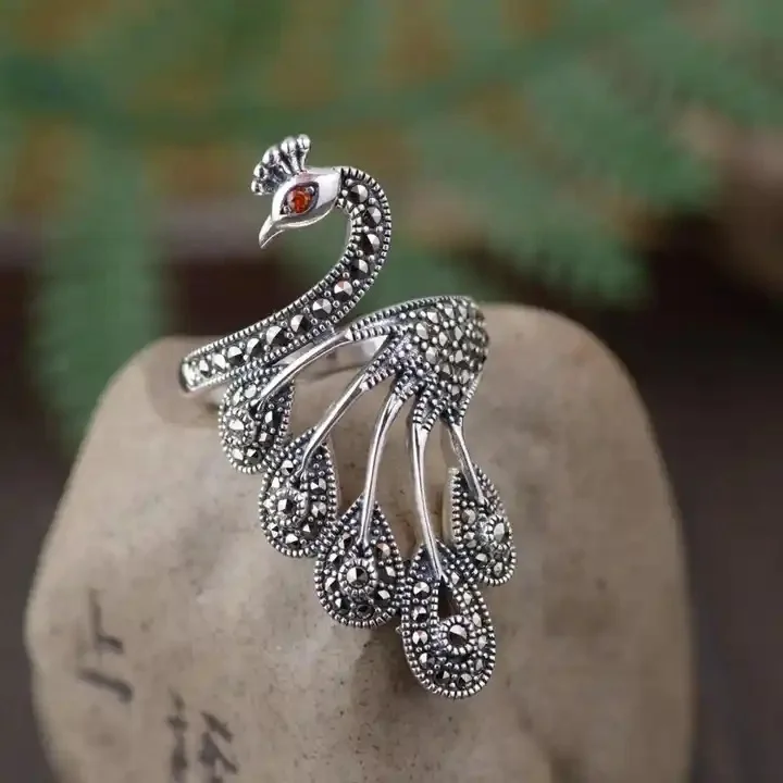 Custom 925 sterling silver colorful gemstone peacock princess design fashion bridal jewelry marcasite ring for women