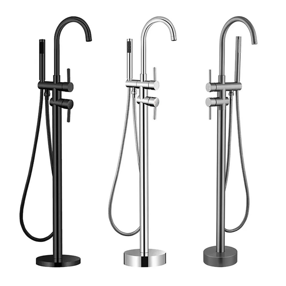 Brushed Gold Floor Mounted Tub Filler Shower Faucet Dual Handles Freestanding Bathtub Faucet Bathtub Smart Shower Mixer Tap